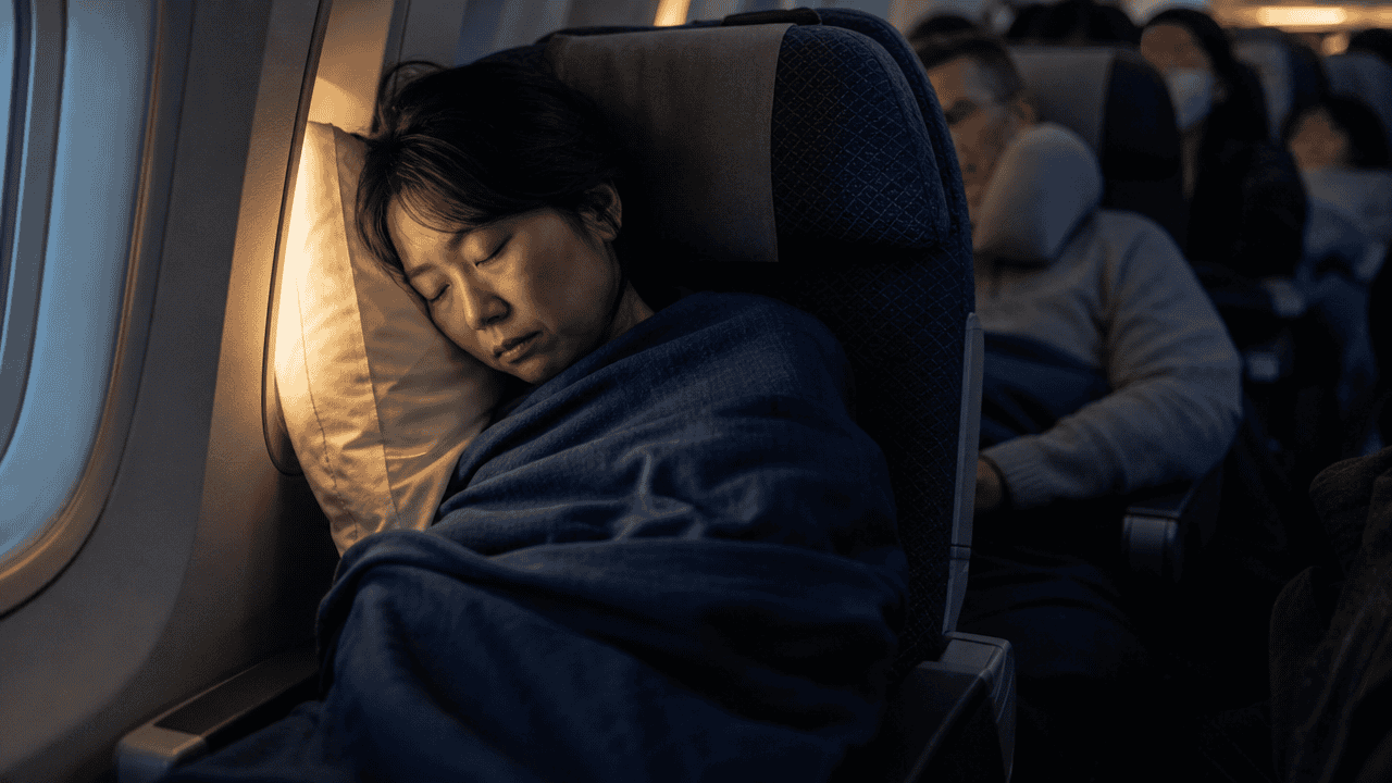 A passenger asleep under a blanket in an economy airplane seat during an overnight long-haul flight