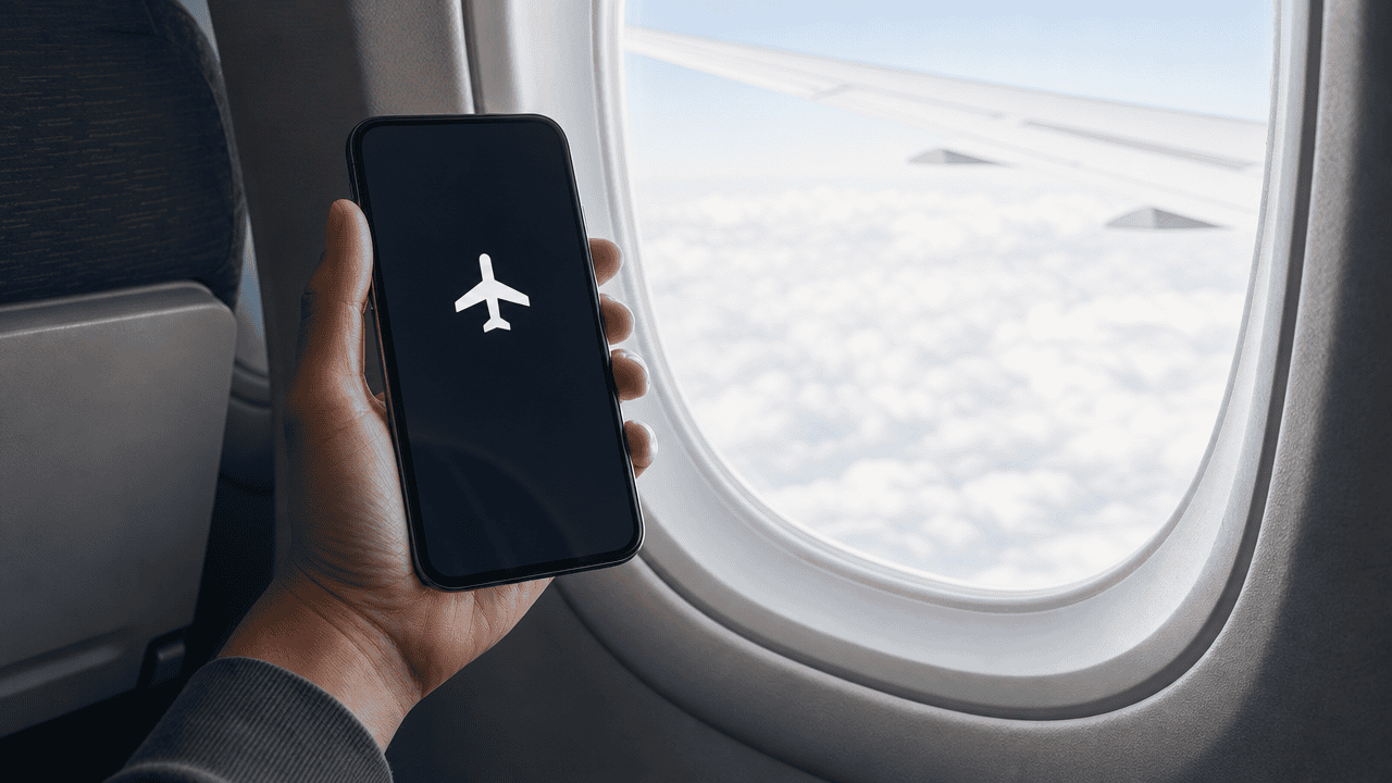 A passenger holds a smartphone switched to airplane mode beside an aircraft window at cruise