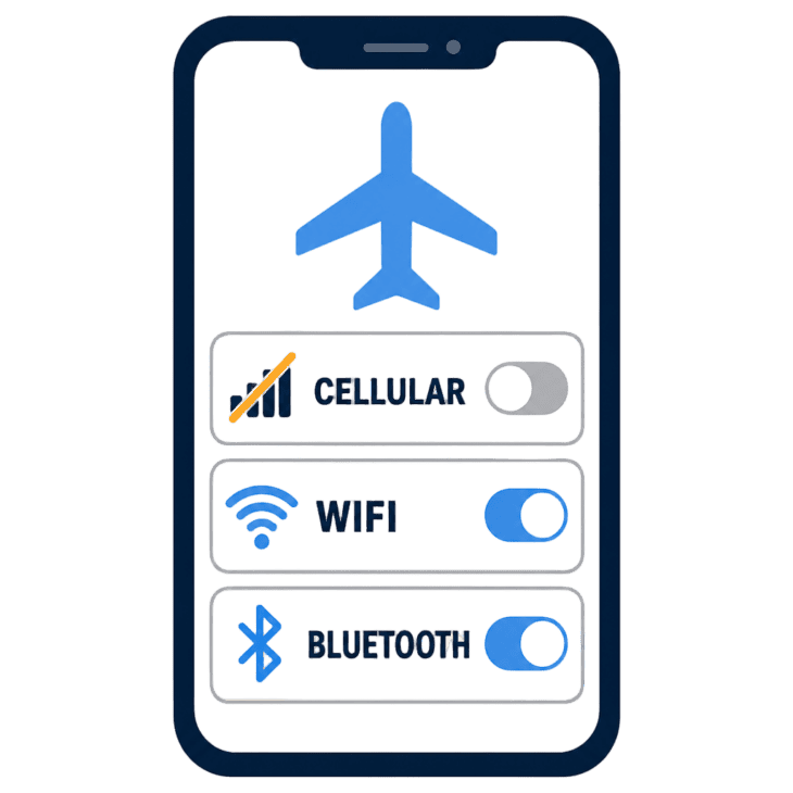 Airplane mode switches off the cellular radio. Wi-Fi and Bluetooth can be switched back on independently.