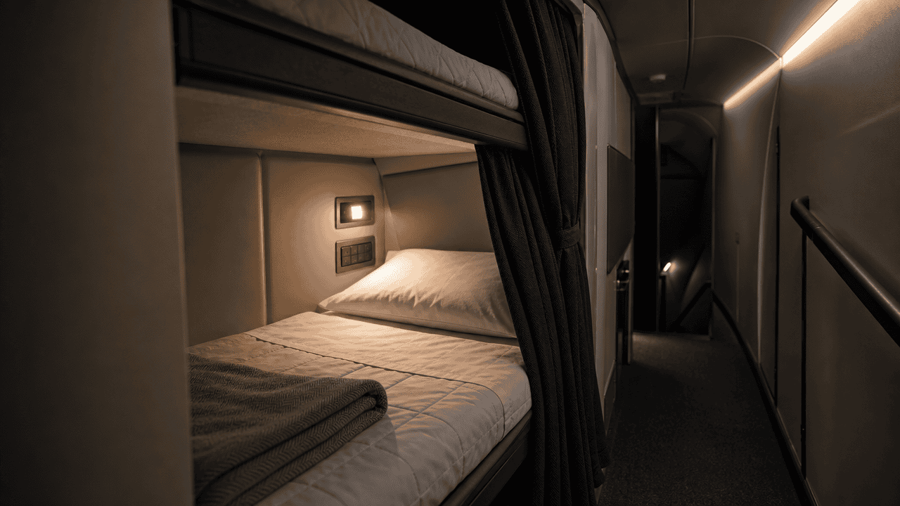 Empty lie-flat bunk inside a hidden aircraft crew rest compartment above the cabin