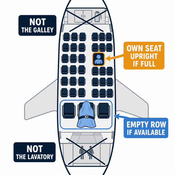 Crew choose an empty row where one exists, and the passenger's own seat where it does not.