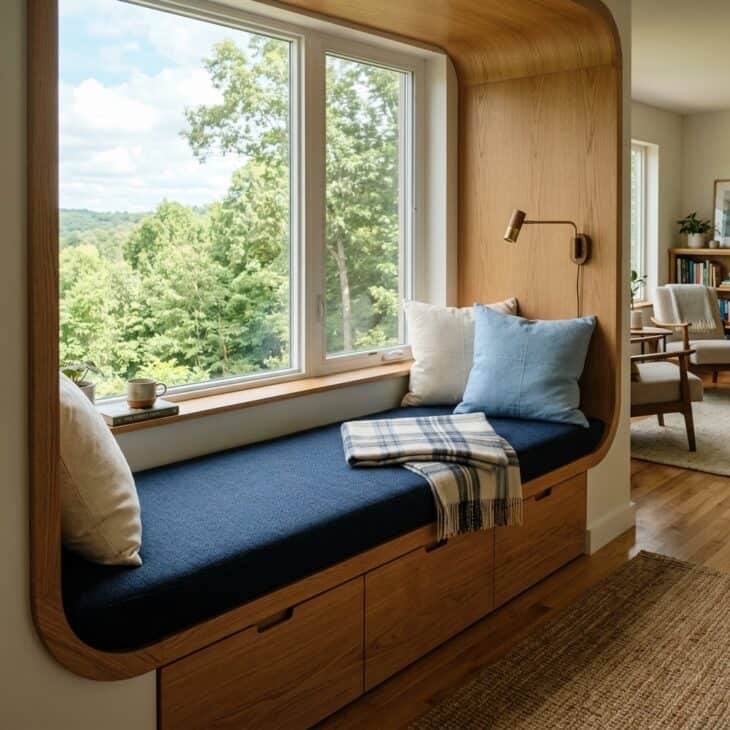 A deep window bench turns the best view in the room into an aviation-inspired conversation seat.