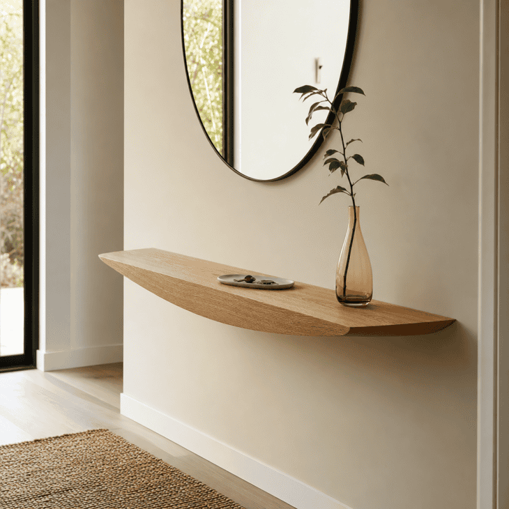 A wing-shaped floating console keeps the narrow hallway clear underfoot.