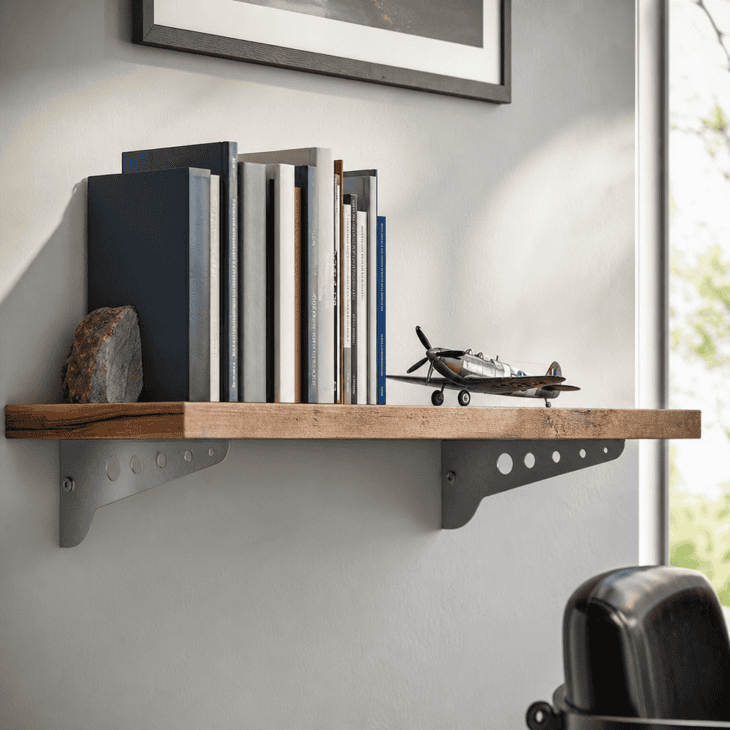 Wing-shaped brackets turn the shelf hardware itself into the decor.