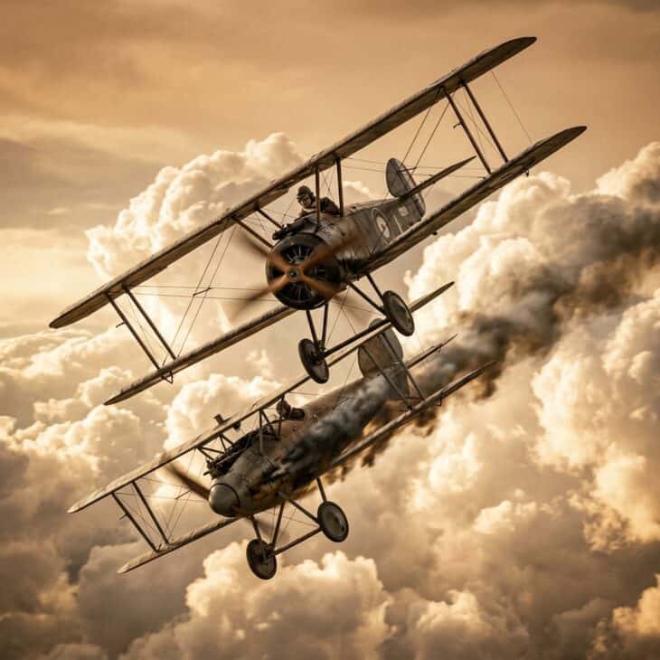 Two WWI-era biplanes in a dogfight above clouds at golden hour