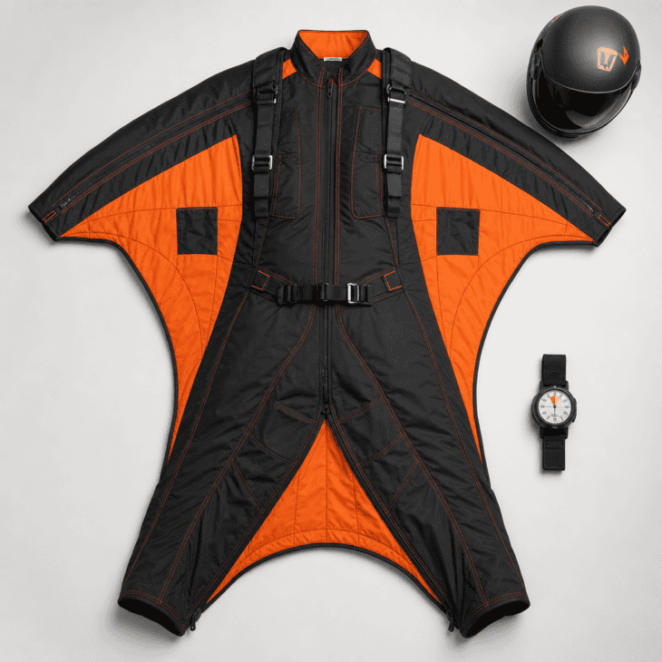 A black and orange wingsuit with fabric panels, a helmet, and an altimeter prop.