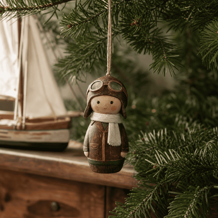 A hand-painted wooden peg pilot in a flight cap and scarf adds a folk-art touch.