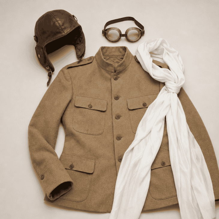 A tan wool tunic with a leather flying cap, wire-frame goggles, and a long white scarf.