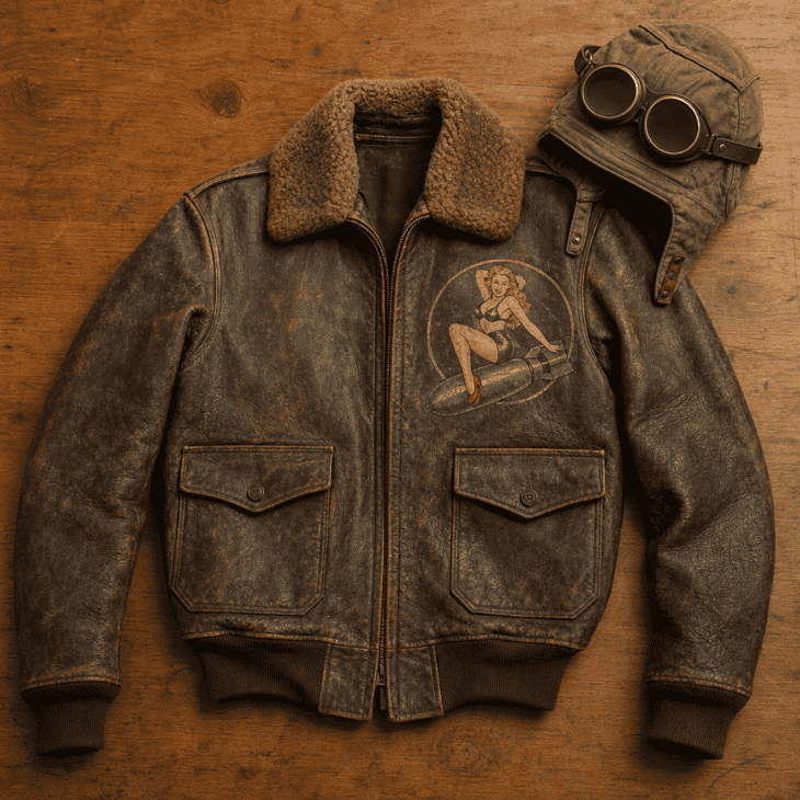 A brown A-2 style flight jacket with a hand-painted patch, flight cap, and goggles.