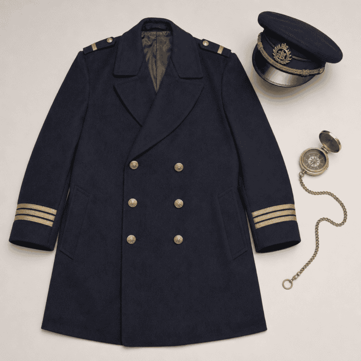 A double-breasted wool coat with brass buttons, a peaked cap, and a pocket compass.