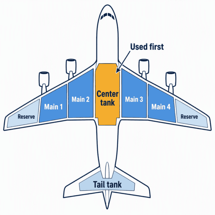 A 747-400 keeps its fuel in the wings, a center tank in the wing box, and on many aircraft a tank in the tail.