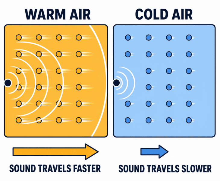 Same air, same density, different temperature: warm molecules pass a pressure wave along faster.
