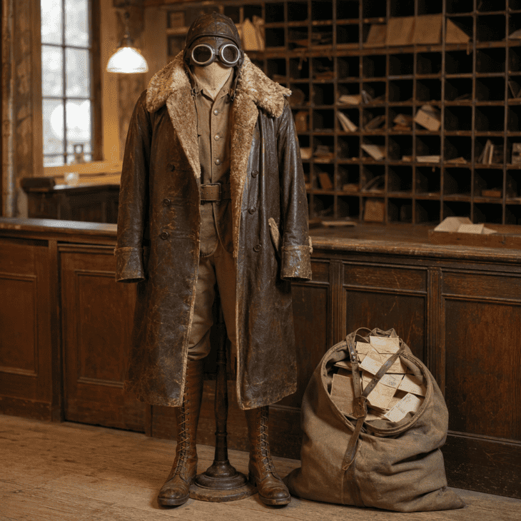 A leather coat, goggles and a canvas mail sack recall the pilots who flew the first US airmail.