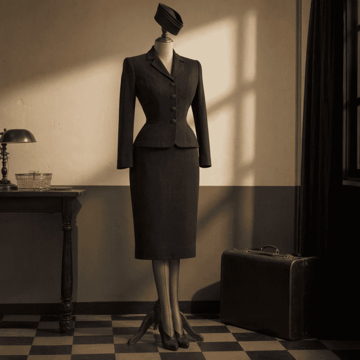 Wartime rationing produced slim, military-inspired stewardess suits with no capes or pleats.