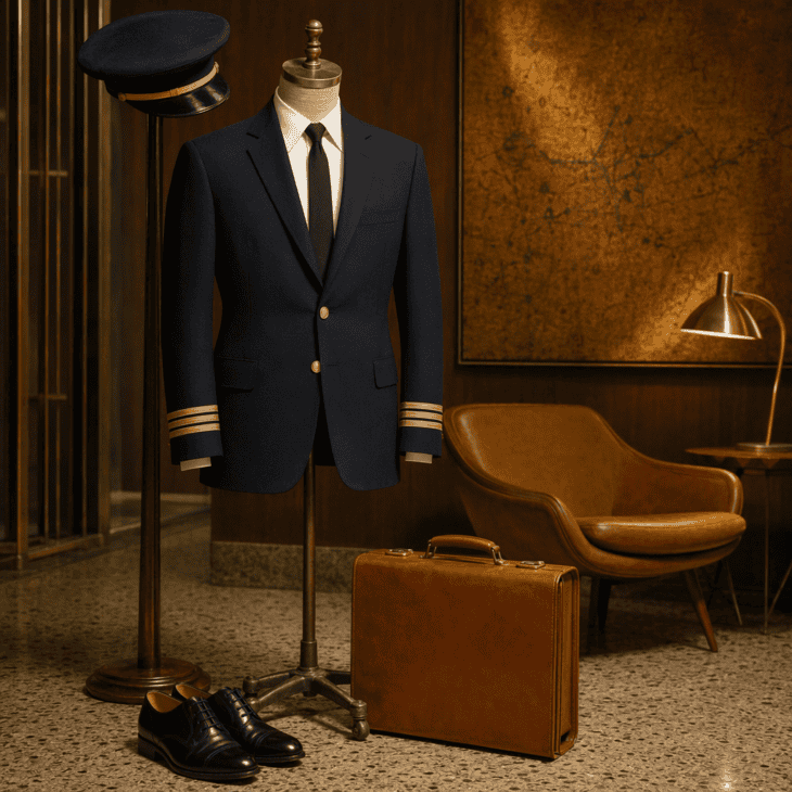 A slim jacket, a skinny tie and a hard-sided briefcase set the look in the jet age.