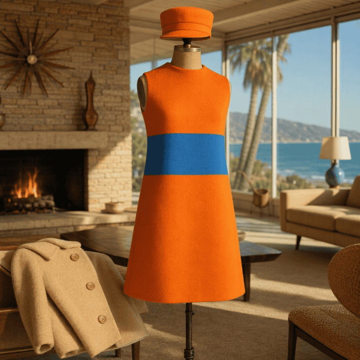 A bold stripe, a short A-line hem and a kepi hat capture the late 1960s mod uniform.