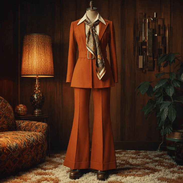 Flared trousers arrived in cabin crew wardrobes in the 1970s, and the pantsuit became the decade's signature.