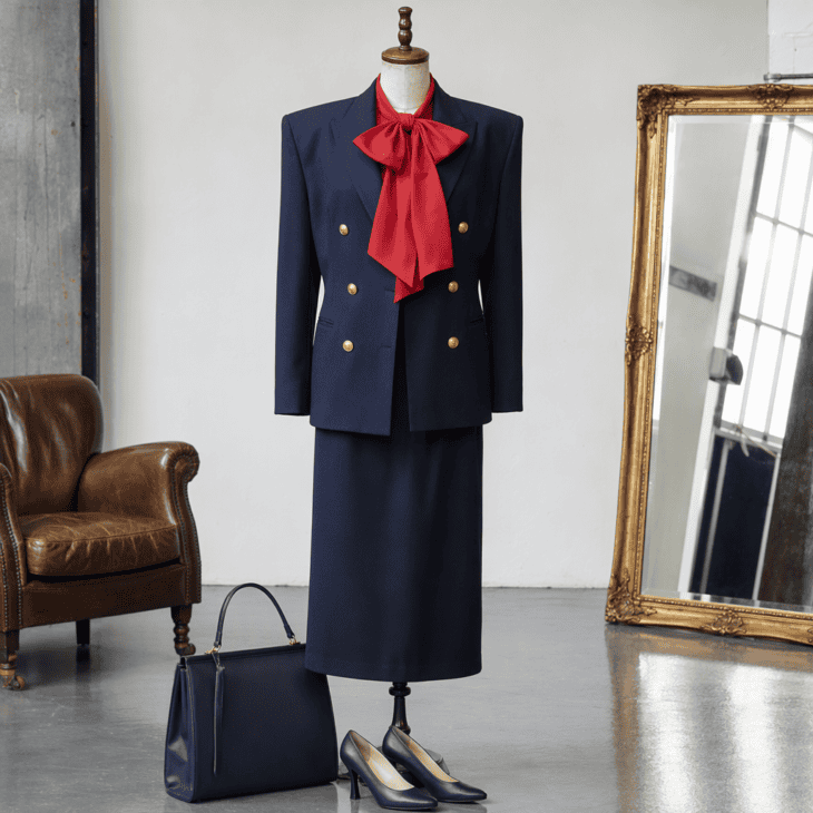 Shoulder pads and an oversized bow turned the 1980s cabin uniform into a power suit.