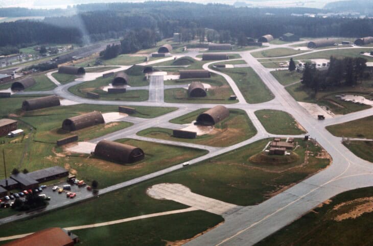 An aerial view the hardened aircraft shelters of Hahn Air Base, Germany