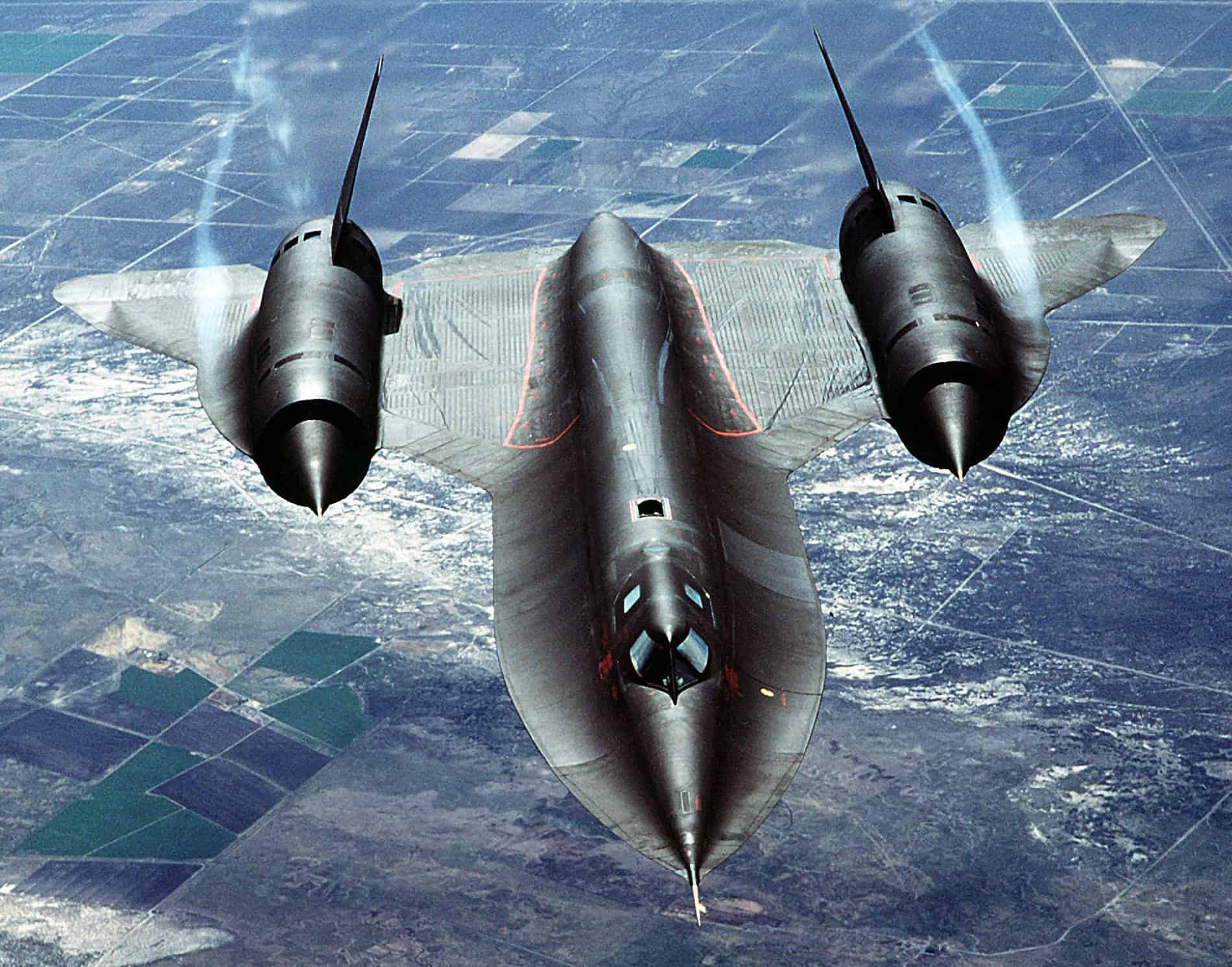 Overhead front view of a Lockheed SR-71A Blackbird in flight