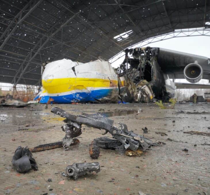 The destroyed Antonov An-225 Mriya at Antonov Airport after Russian invasion of Ukraine and Mriya