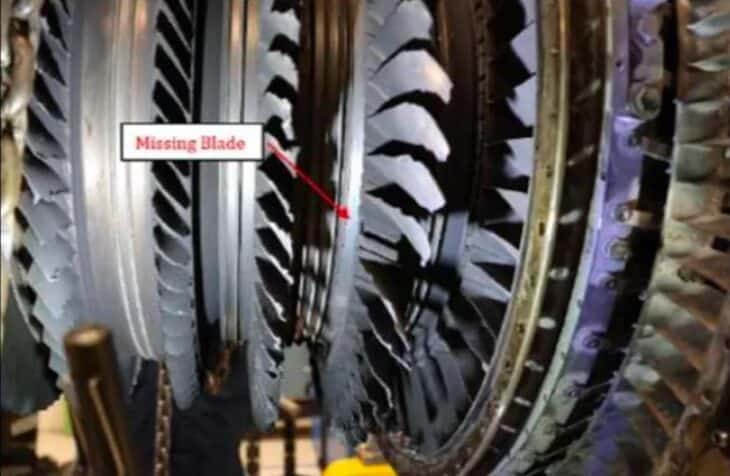 Missing fan blades from the 5th (left) of the Thunderbird F-16’s engine