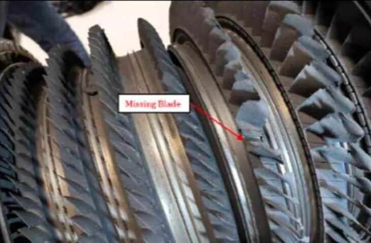 Missing fan blades from the 6th (right) stages of the Thunderbird F-16’s engine