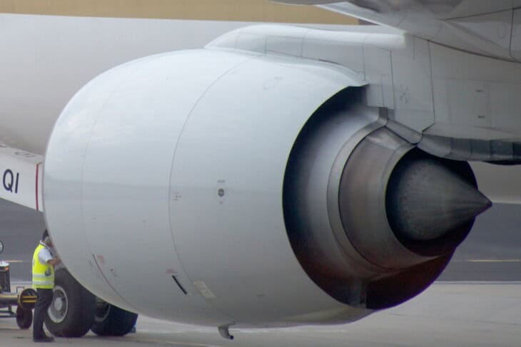 Rear view of a Singapore Airlines Boeing 777 Rolls Royce Trent 800 nacelle with separate core and bypass flows