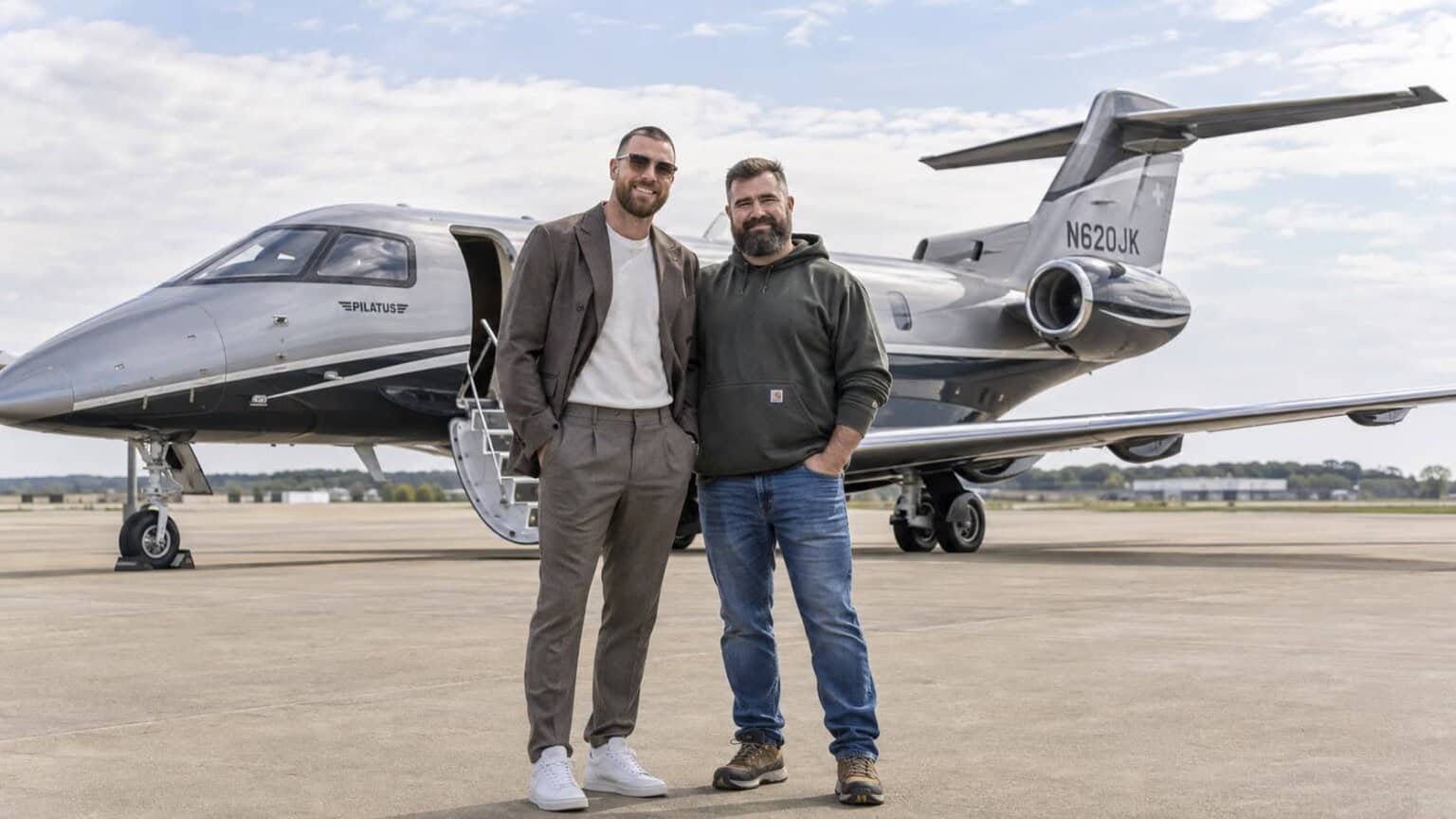 Travis Kelce and Jason Kelce with the N620JK Pilatus PC-24