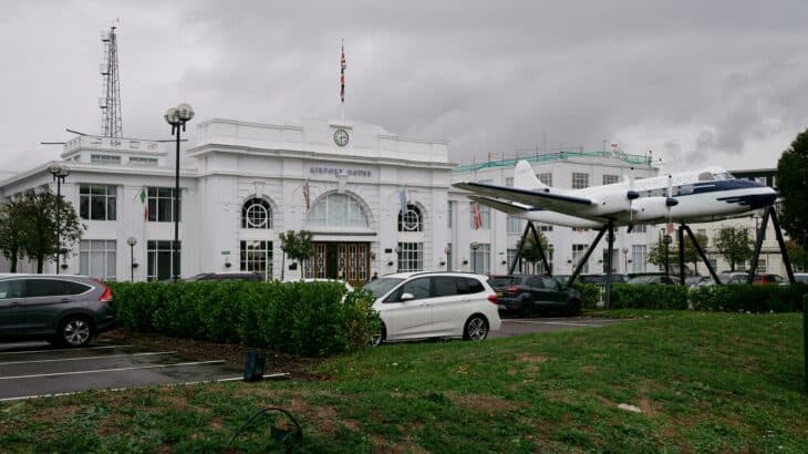 Croydon's Airport House terminal with a vintage de Havilland Heron airliner mounted outside