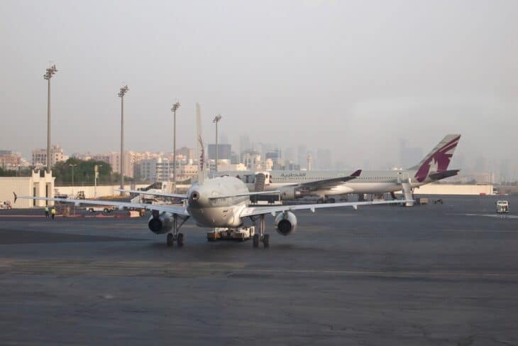 Qatar Airways jets on the apron at Doha International Airport