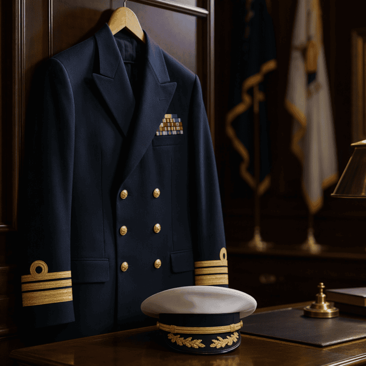 Gold sleeve stripes and a braided cap brim make the admiral costume.