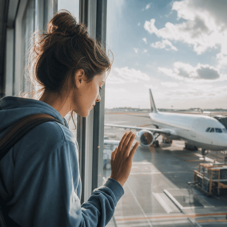 Leaning close to the glass to watch your plane is the honest version of the pre-flight gaze.