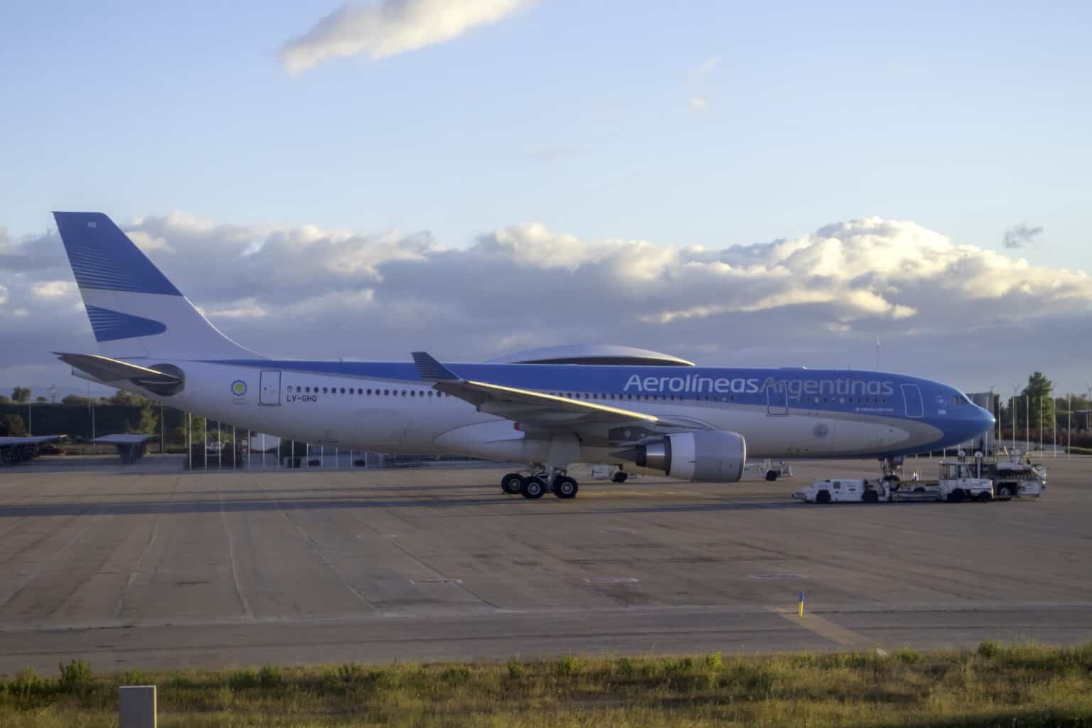 Aerolíneas Argentinas Airbus A330-200 LV-GHQ parked at Madrid-Barajas Airport in morning light