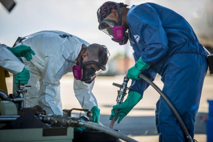 Two 910th Airlift Wing spray maintainers in protective suits, respirators and green gloves pumping insecticide from a barrel through a hose