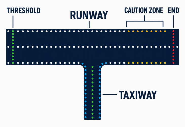 White outlines the runway and blue outlines the taxiway, which is the single rule that decodes most of an airfield at night.