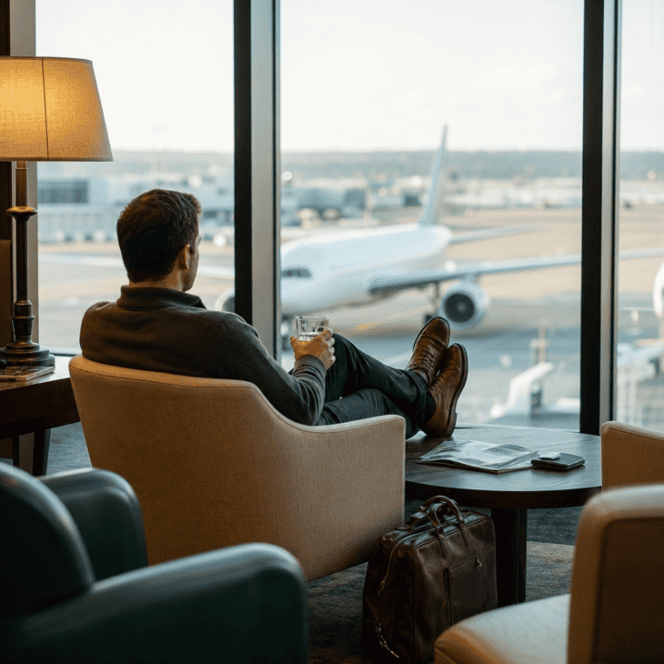 A quiet lounge chair with a ramp view is the calmest photo you can take before a flight.