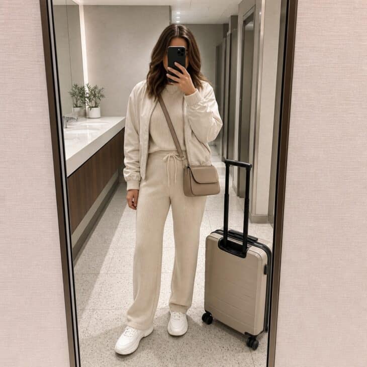 A clean mirror check records the outfit and the luggage without needing a travel companion.