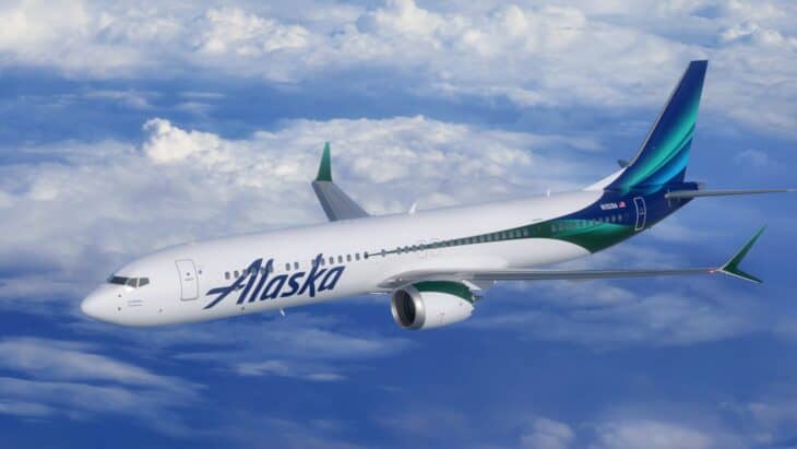 Rendering of an Alaska Airlines Boeing 737-10 in the airline's livery flying above the clouds