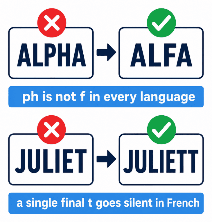 Two spellings changed so that a non-English speaker reading them cold still says the right word.