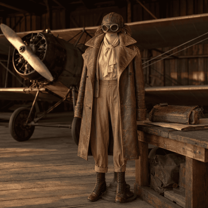 A broken-in leather flying coat and a silk scarf are the heart of an Amelia Earhart costume.