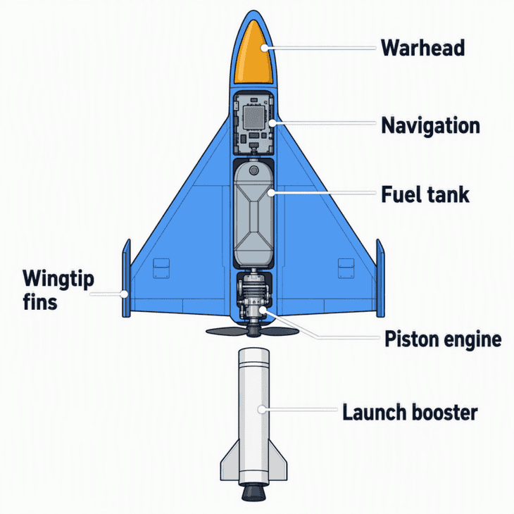 The Shahed-136 layout: warhead in the nose, fuel and navigation in the middle, and a small piston engine pushing from the back.