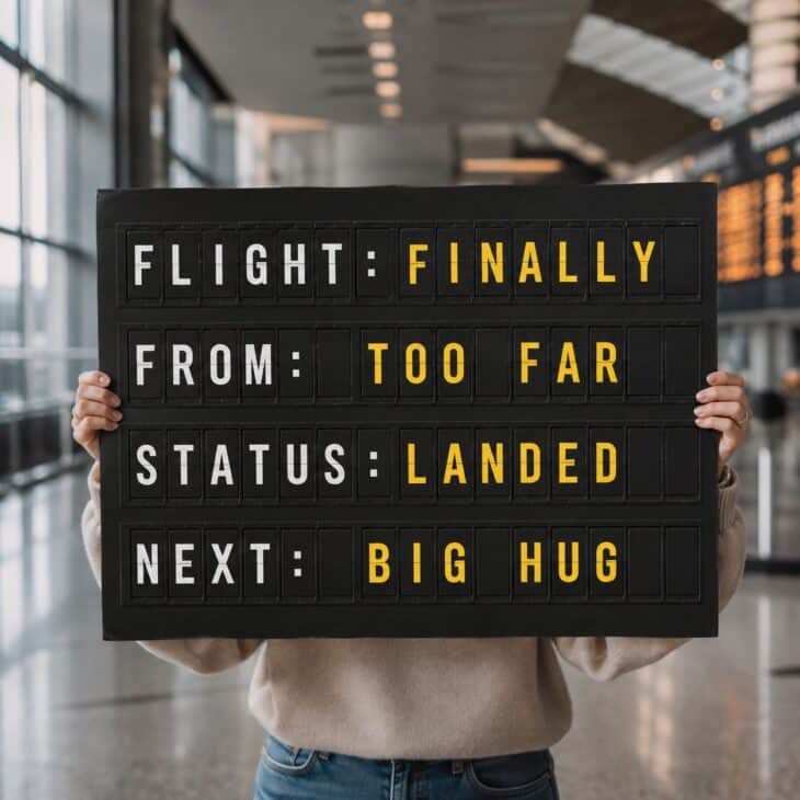 A fictional arrivals board turns the traveler's return into the only flight that matters.