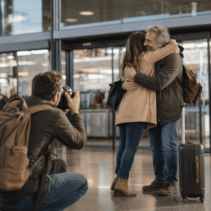 A booked photographer catches the reunion moment a phone held at arm's length always misses.