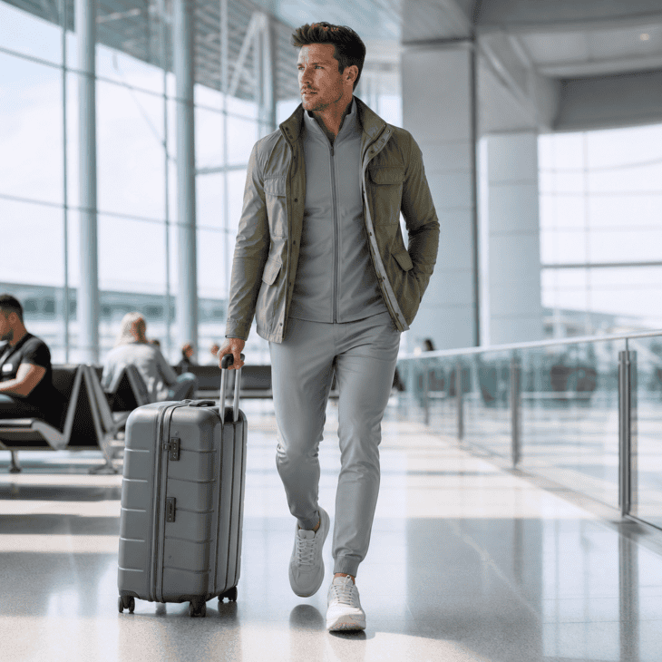 A technical athleisure set layered under a utility jacket looks intentional, not gym-bound.