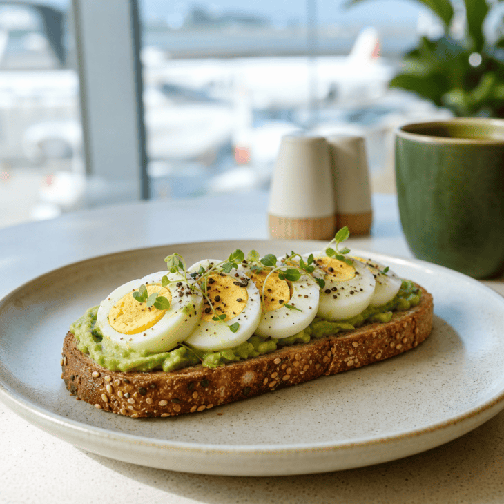 Avocado toast becomes a more complete early breakfast with a hard-boiled egg on top.