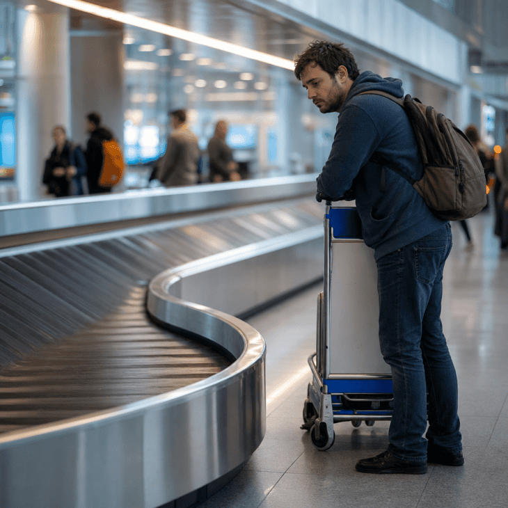The curving belt of the carousel is a ready-made leading line into the arrivals-hall wait.