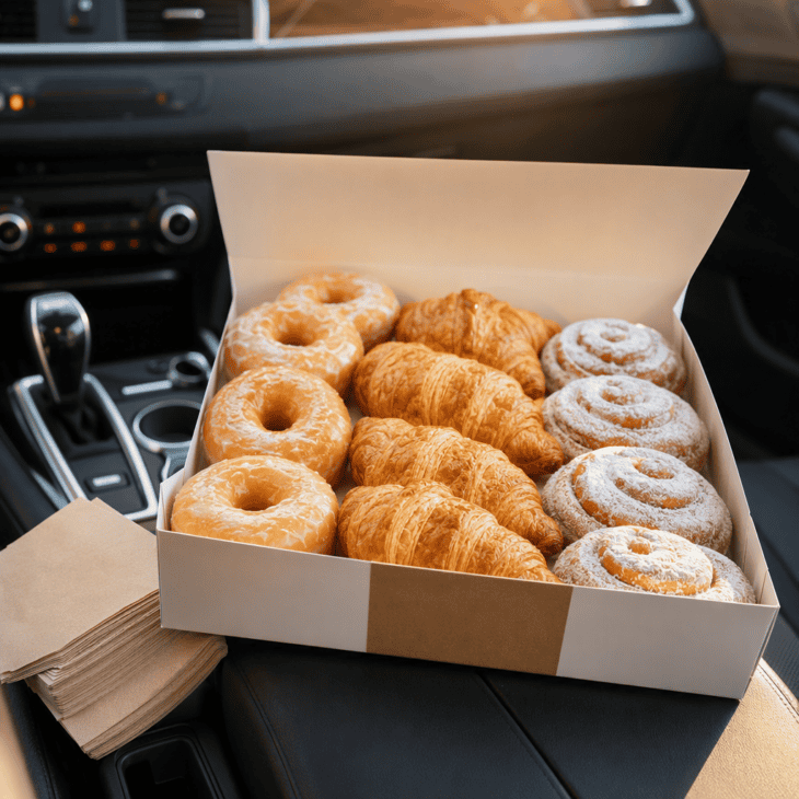 A mixed box of pastries gives a family of arriving travelers something to share in the car.