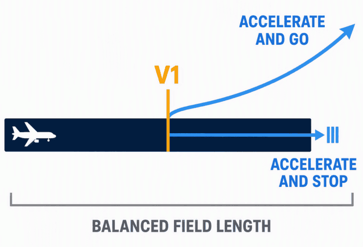 At V1 the distance to stop and the distance to keep going are the same, and that distance sets the runway.