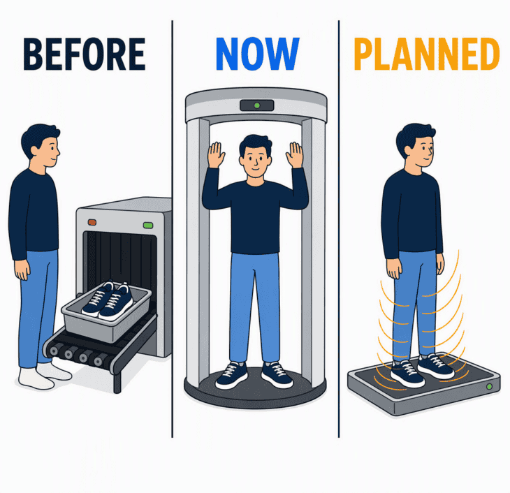 Shoes rode through the X-ray in a bin until July 2025. Now they stay on, and the shoe scanner DHS is developing has yet to reach an airport.